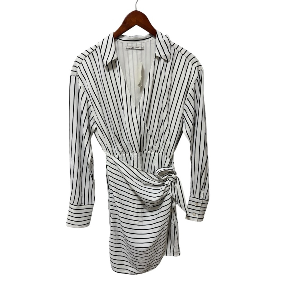 Abercrombie & Fitch White and Black Striped Long Sleeve Wrap Dress
